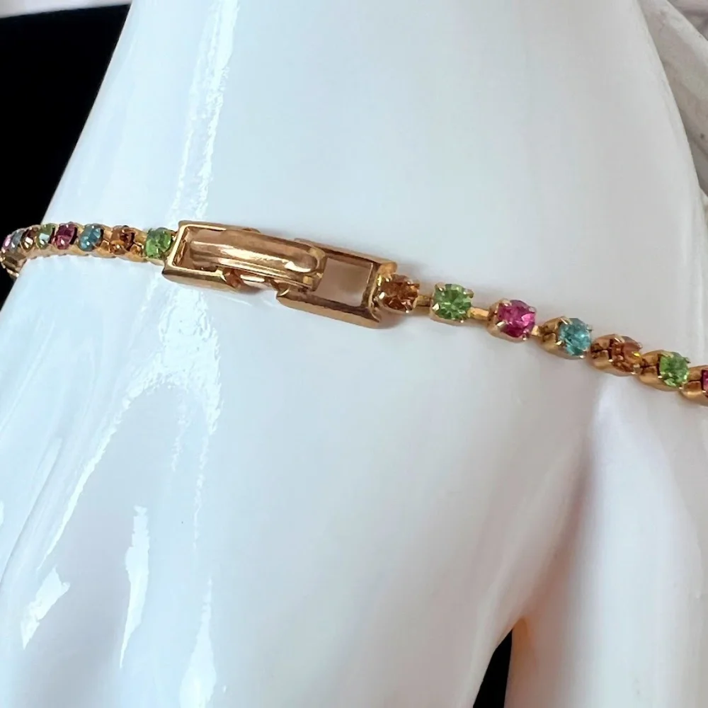Rainbow Emerald Shaped Crystal Gold Tone Bracelet - Picture 6 of 9